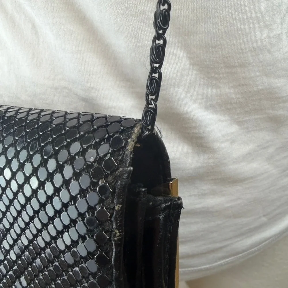 Vintage 60s Evening Metal Mesh Clutch Purse Chain Strap Black Gold Tone |9x6|